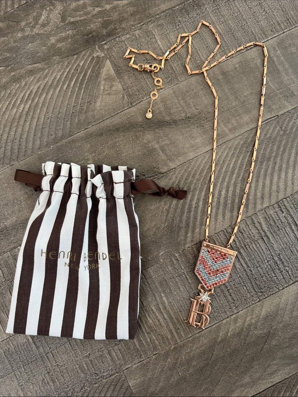 henri bendel Rose Gold Chevron Pendant Necklace with Pink & Blue Enamel